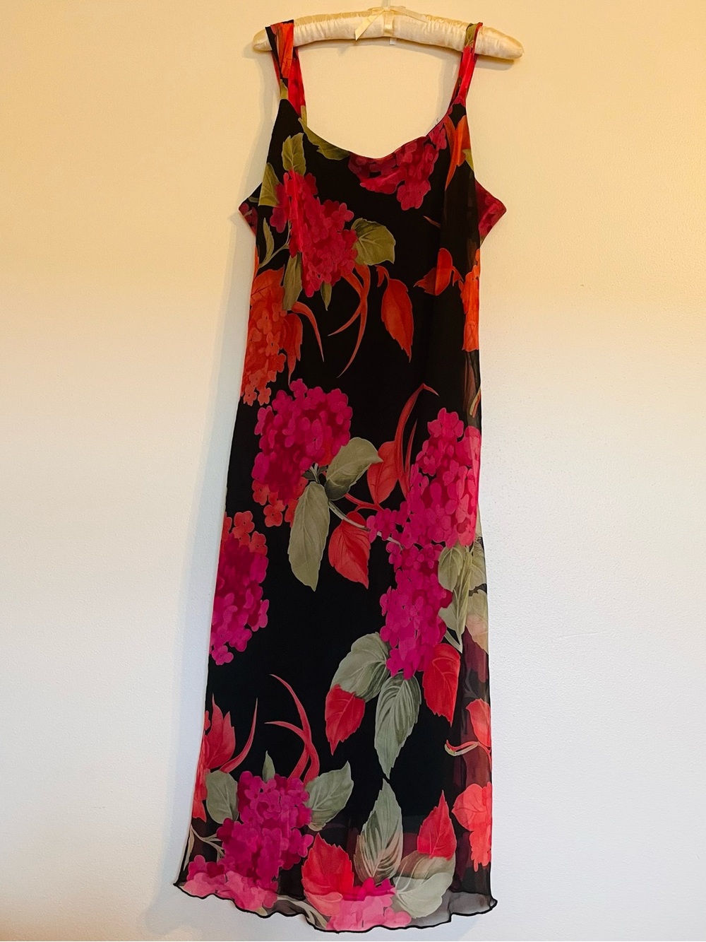 Vintage Black Floral Chiffon Slip Midi Dress Size 16